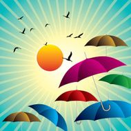 Colorful vector umbrellas and birds