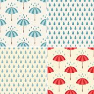 Set of four seamless pattern with umbrellas and rain drops