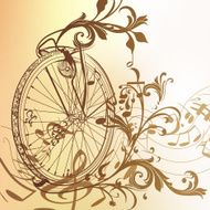 Music background with bike wheel notes and swirls in vintage