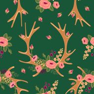 Vintage seamless pattern with deer antlers and flowers N2