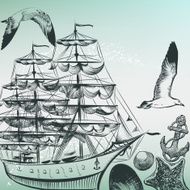 Engraved sea pattern with ship shells and sea-gulls in old-fash