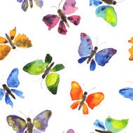 Seamless pattern of watercolor butterflies on white background