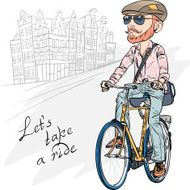 Vector trendy hipster bearded guy on a bike