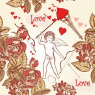 Seamless wallpaper pattern with amour roses and hearts symbol o