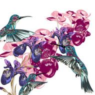 Flower pattern with hummingbirds orchids and irises