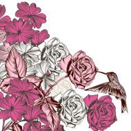 Floral pattern with roses and hummingbird in engraved style