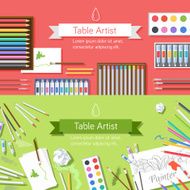 flat art painter workshop with paint supplies equipment tools background N4