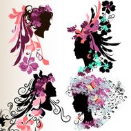 Fashion abstract female face silhouettes with floral hairstyle