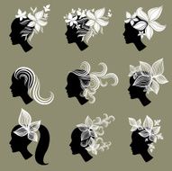 Vector set of vintage girls hair from leafs