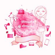 Girl in sketch style on pink hand drawn watercolor background