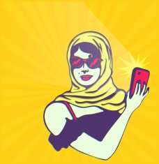 Vintage clipart woman taking selfie with smartphone camera