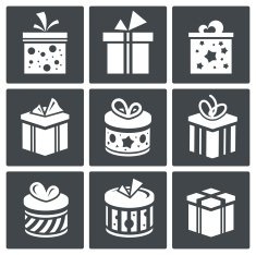 Vector of white gift box icons on black background