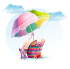 Beach bag with an umbrella and a dog