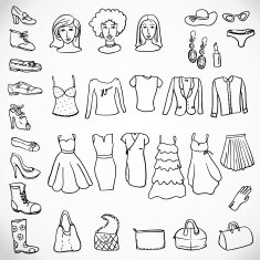 Set of vector silhouettes shoes swimwear and accessories Icons