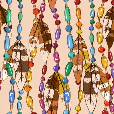 Seamless pattern of bird feathers and bijouterie