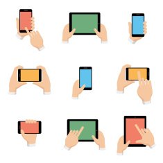 Vector icons set of smartphone and tablet in hands flat