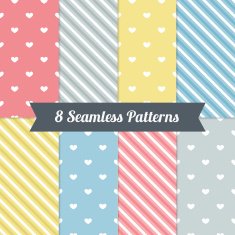 Set of Valentine Seamless Patterns with Hearts and Diagonal Stripes