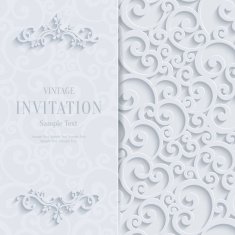 Vector White 3d Vintage Invitation Card with Swirl Damask Pattern N2