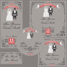 Wedding design template Cartoon wedding clothes and floral fram
