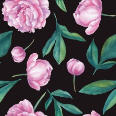 Seamless watercolor peony pattern on dark background Hand-made illustration