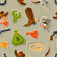Wild west seamless pattern with cowboy objects and stickers N3
