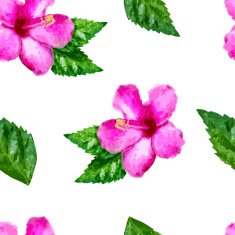 Watercolor vector seamless pattern with hibiscus flower and green leaves