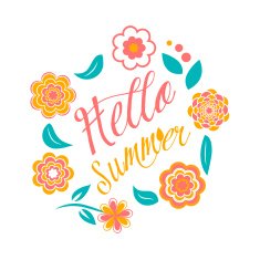 Vector colorful circular floral wreaths on white Hello summer sign
