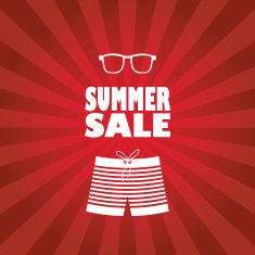 Summer sale poster with man shorts and sunglasses Red rays