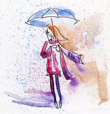 Watercolor Painting Autumn Girl in the Rain