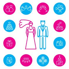 Wedding bride and groom flat icons set