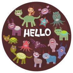 Funny monsters party card design dark background in the circle