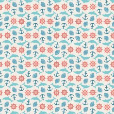 Seamless pattern of anchor wheel dolphin and seashell