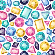Seamless colorful gemstones background on white Jewels pattern