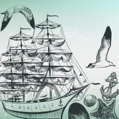 Engraved sea pattern with ship shells and sea-gulls in old-fash