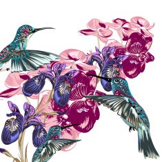 Flower pattern with hummingbirds orchids and irises