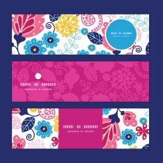 Vector fairytale flowers horizontal banners set pattern background
