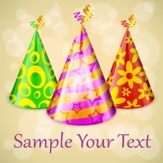 Three party hats & text