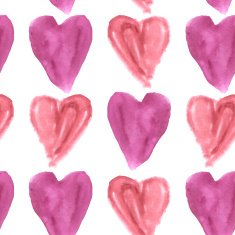 Seamless pattern purple pink watercolor hearts on white background