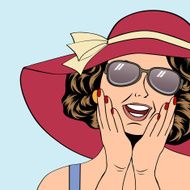 popart retro woman with sun hat in comics style N10