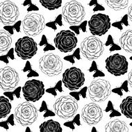 seamless background with monochrome black and white butterflies roses