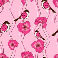 Seamless pattern of flowers and birds