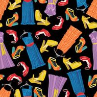 Multicolor fashionable dresses open shoes in seamless pattern