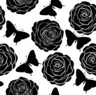 Beautiful seamless background with monochrome black and white butterflies roses N2