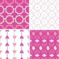 Four abstract geometric pink seamless patterns set