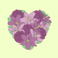 arrangement of flowers lilies and roses inshape heart