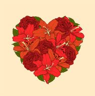 heart decorated by flowers roses and lilies
