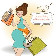 baby announcement card with beautiful pregnant woman on shopping N22