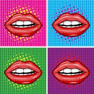 Sexy wet red lips with teeth pop art set backgrounds N3