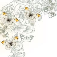 Grunge vector background with flowers and butterflies for design