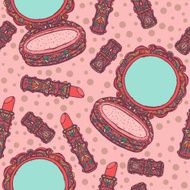Seamless pattern with powder compact and lipstick